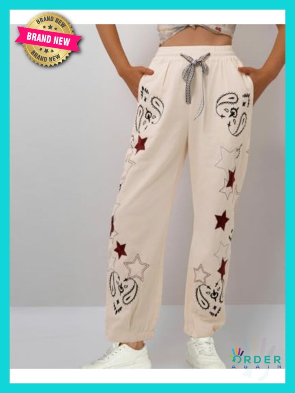 Mid Rise Barrel Starry Print Wide Leg Jeans Embroidered Baggy Boyfriend - Picture 3 of 6